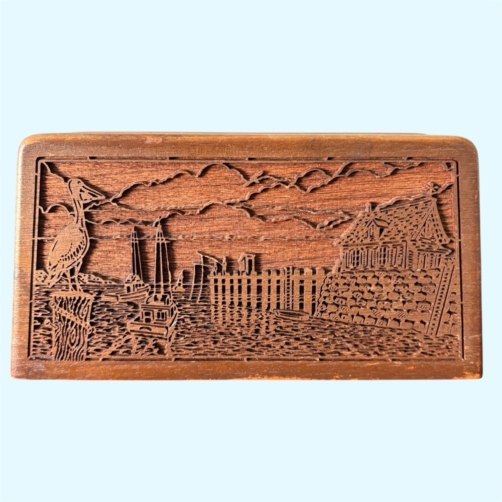 Vintage 70’s Walnut Wood Laser Cut Seaside Letter Holder Napkin Art Supplies